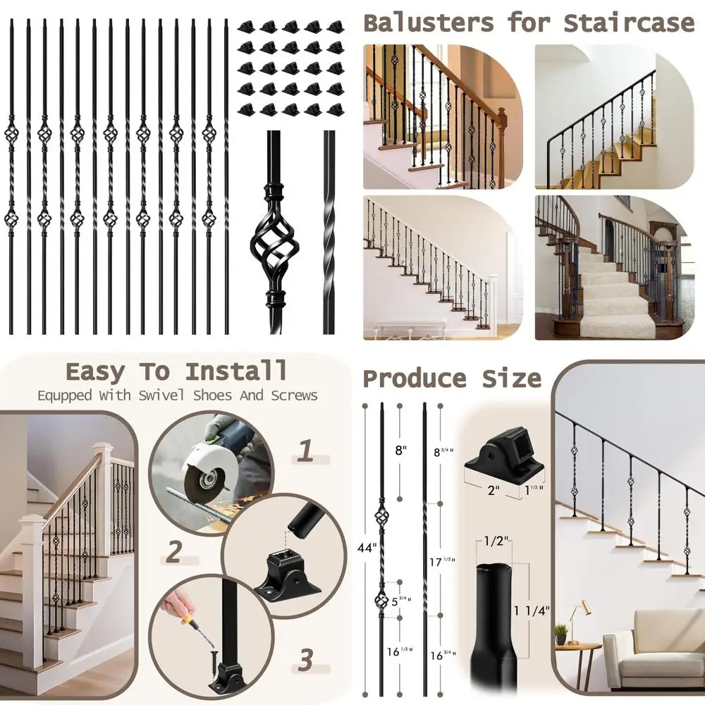 

16-Pack Matte Black Iron Balusters, 1/2 x 44 Hollow Deck Spindles for Indoor Stair Railing with 32 Fixed Swivel Shoes and Double