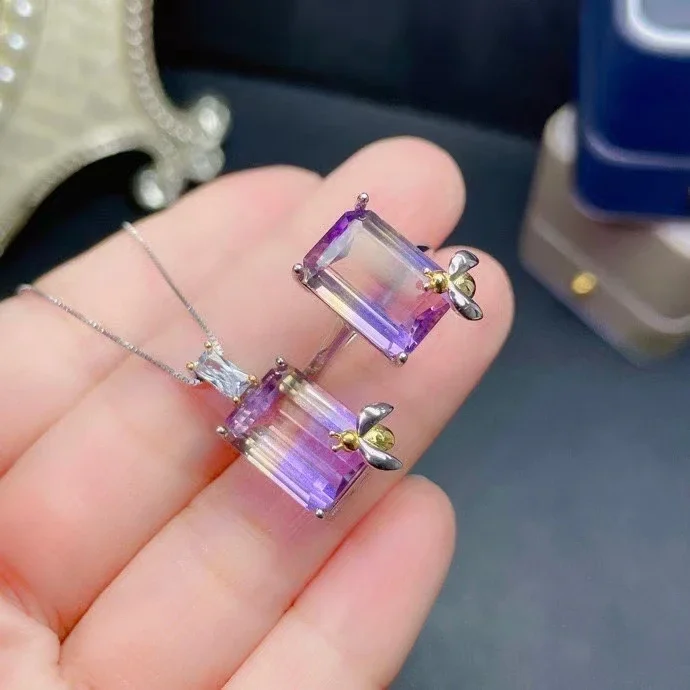 

Fashion Ametrine Silver Ring and Pendant Set for Party 10mm*14mm Natural Ametrine Jewelry Set 925 Silver Ametrine Jewelry