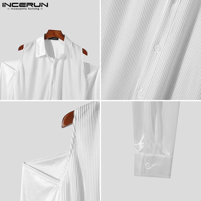 INCERUN Tops 2024 Fashion Men\'s Solid Fine Stripe Off Shoulder Shirt Casual Clubwear Hot Selling Lapel Long Sleeved Blouse S-5XL