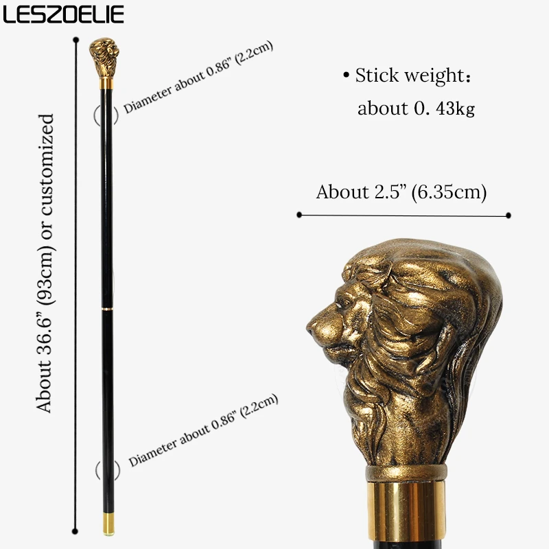 Black Gold Lion Head Handle Detachable Beech Wood Walking Cane Elegant Vintage Walking Stick Men Women Cosplay Decorative Use