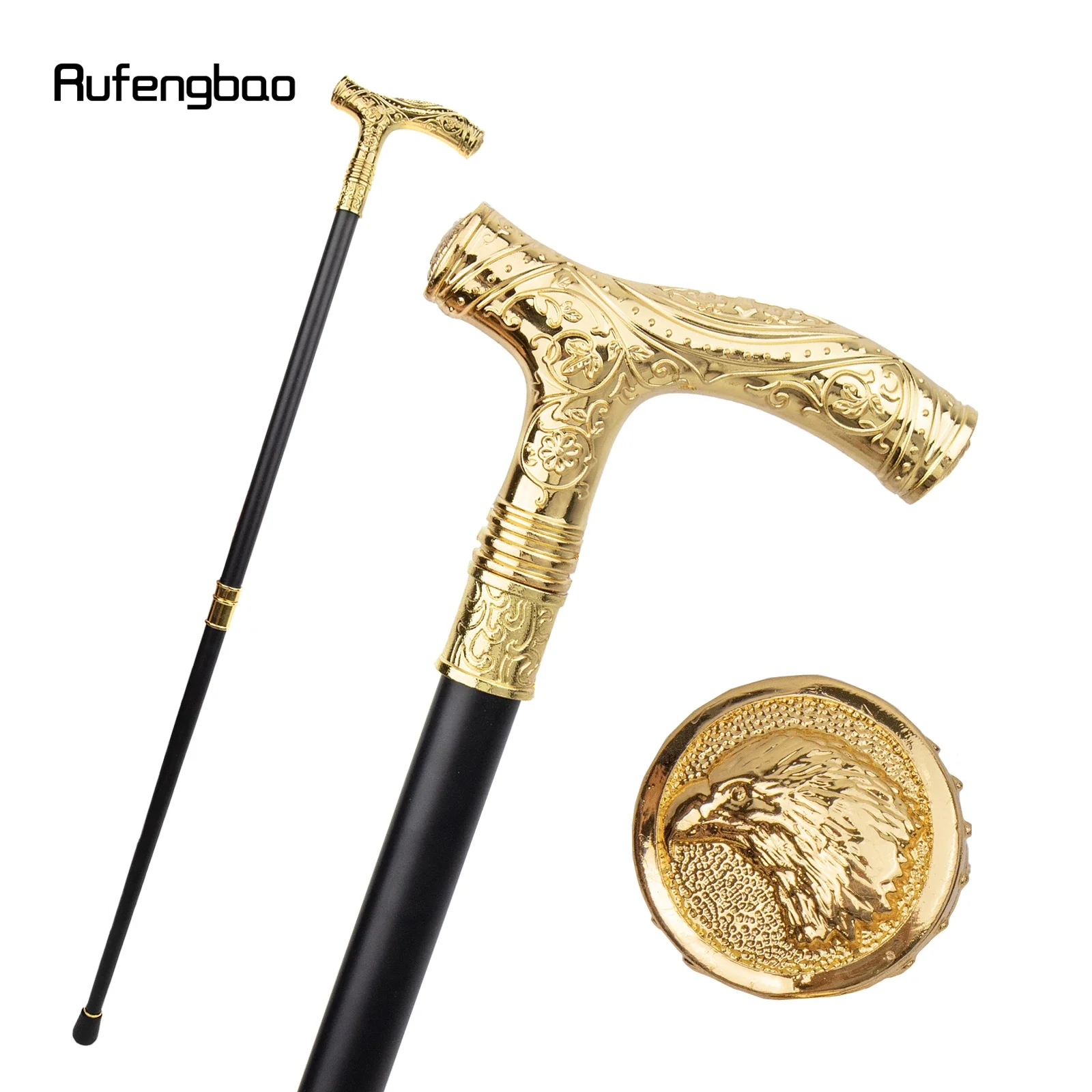 Golden Eagle Head Flower Totem Relief Walking Cane Fashion Walking Stick Gentleman Crosier Knob Walking Stick 93cm