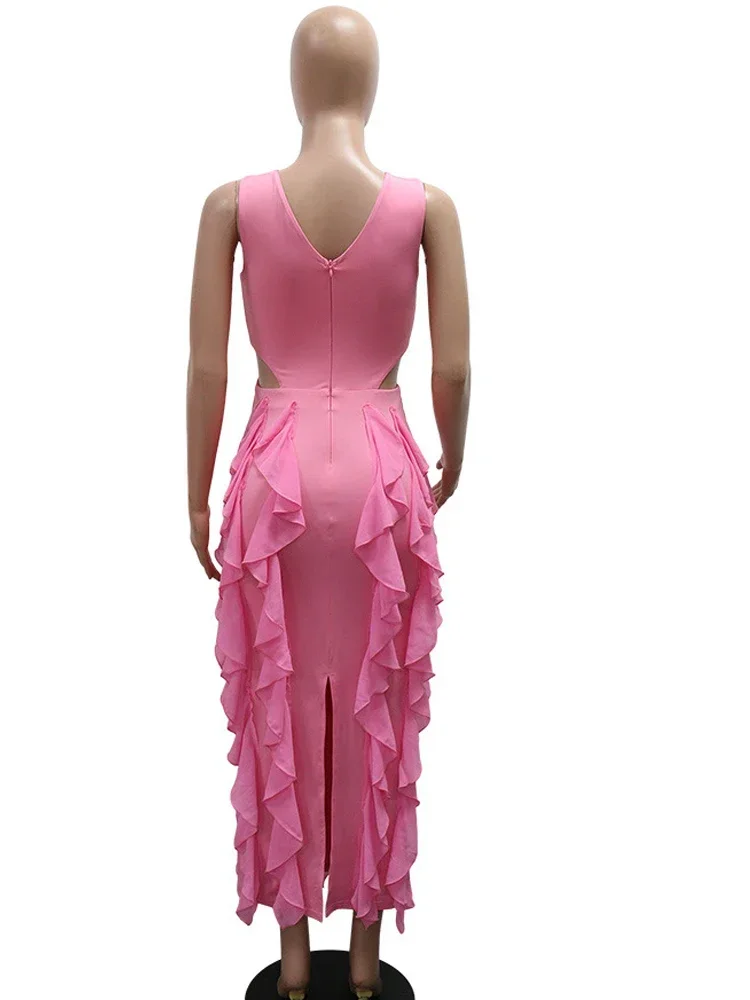 Elegante decote em v profundo babados em camadas vestidos de festa longos para mulheres bonito rosa ruched noite fora vestidos outfits clubwear
