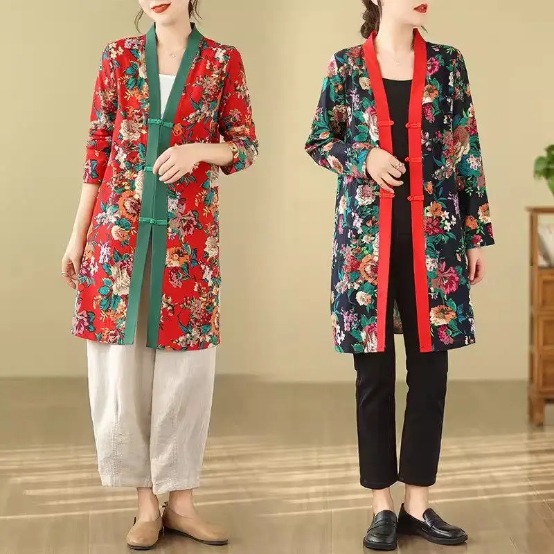 

Northeast Big Flower Coat Women's Spring/Summer 2024 Chinese Ethnic Style Pan Button Cardigan Mid Length Thin Shirt Trendy Z4710