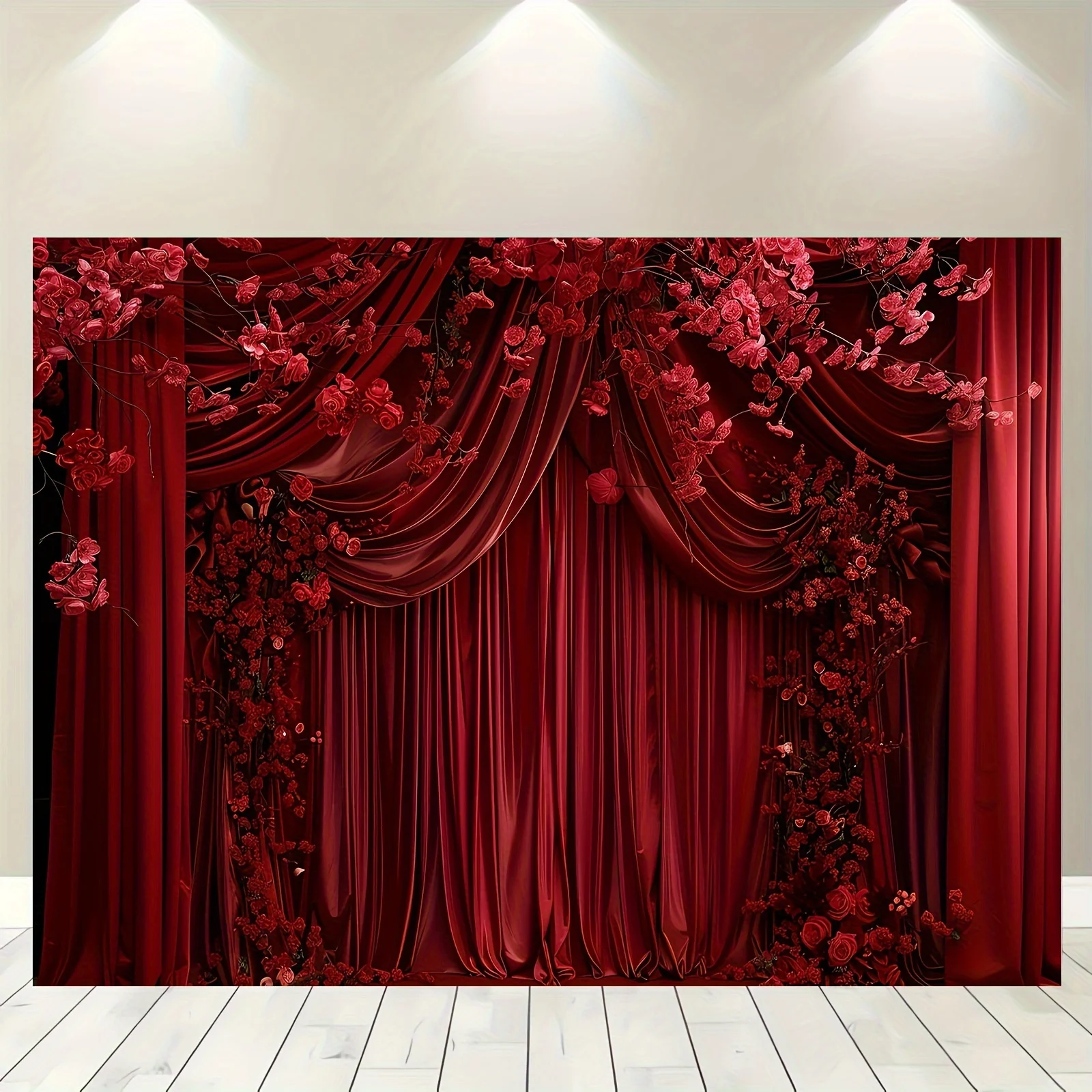 Red curtain background with floral design, party, wedding, photography, home decor, versatile for all occasions and seasons