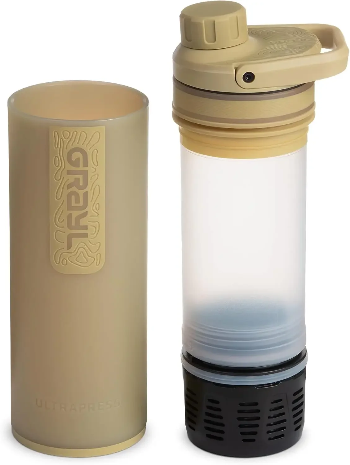 UltraPress 16.9 oz Water Purifier & Filter Bottle for Hiking, Backpacking, Survival, Travel (Desert Tan)