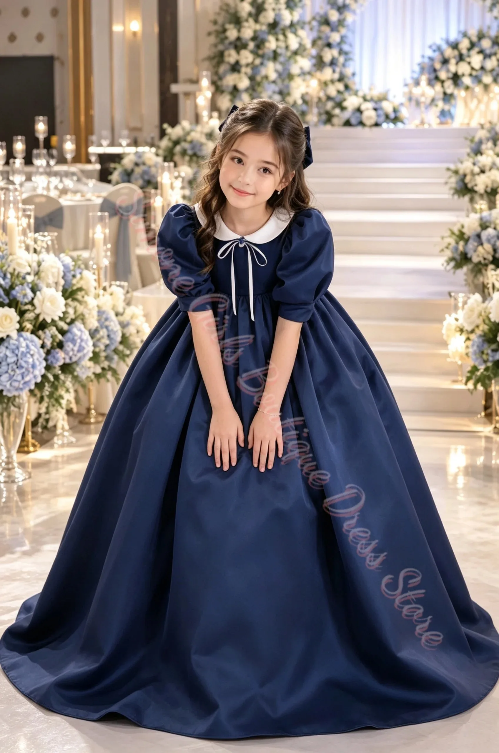 Maßgeschneidertes, blaues, flauschiges Blumenmädchenkleid für Hochzeiten, mit Puppenkragen, aus Satin, mit 3/4-Ärmeln, für die Erstkommunion, Kindergeburtstagsfeier, Großhandel – Detail 7