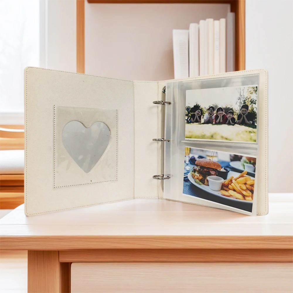 PLRBOK D-Shaped 3-Ring A5 Heart Window Expandable PU Leather Scrapbook Album for 10*15cm Photos/Cards, 20 Plastic Pages Included