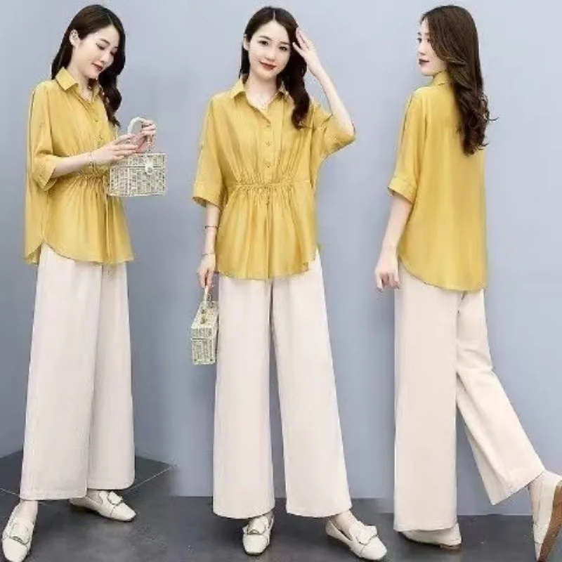 

Cotton Linen Loose Polo Shirts Wide Leg Pants Two Piece Suits for Women Summer Fashion Loose Blouse Trousers Matching Sets 2025