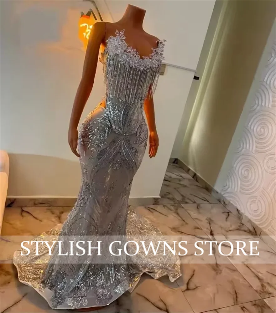Robe De bal longue argentée pour filles noires, Corset sans bretelles, paillettes, pompon en cristal, robes De soirée personnalisées, 2025
