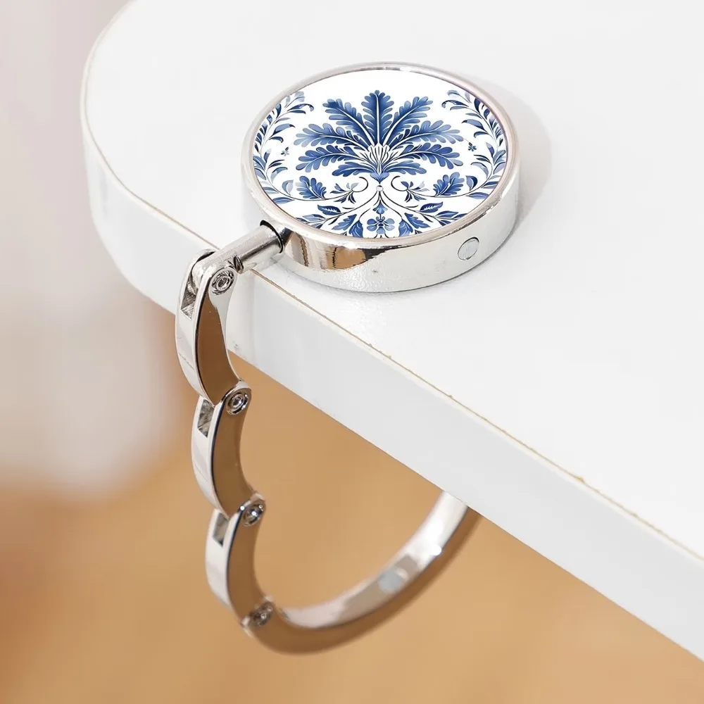 Folding Desktop Stand Hook Zinc Alloy Circular Table Edge Hook Blue and White Porcelain Design Hanging Tote Holder