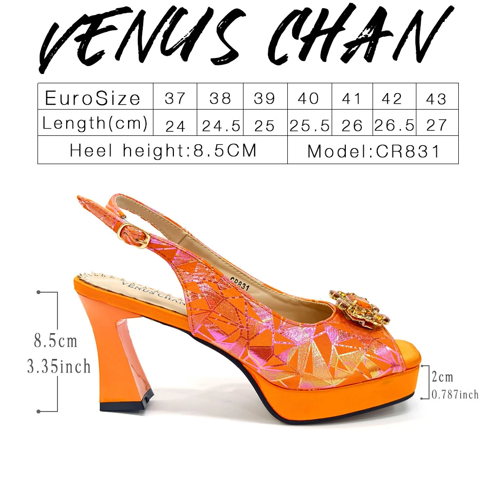 Venus Chan 2025 INS Orange Color Elegant Women Shoes and Bag Set Decoration Rhinestones Square Head Women High Heels Shoes - view 2