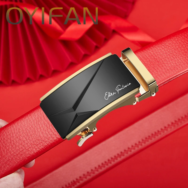 Fashion Business Men\'s Belt Red Genuine Luxury  Belt Metal Buckle Belt High-Quality Leather Soft Belt With Cargo Pants Jeans