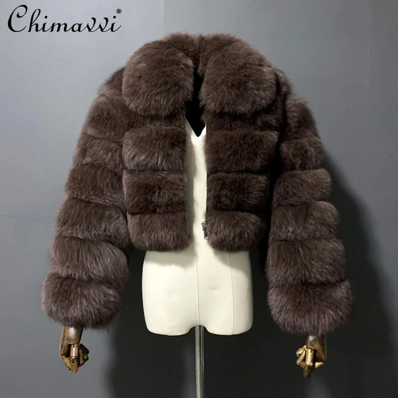 

American Style Elegant Retro Commuter Lapel Long Sleeve Zipper Thickened Warm Faux Fox Fur Coats for Women Winter Short Jackets
