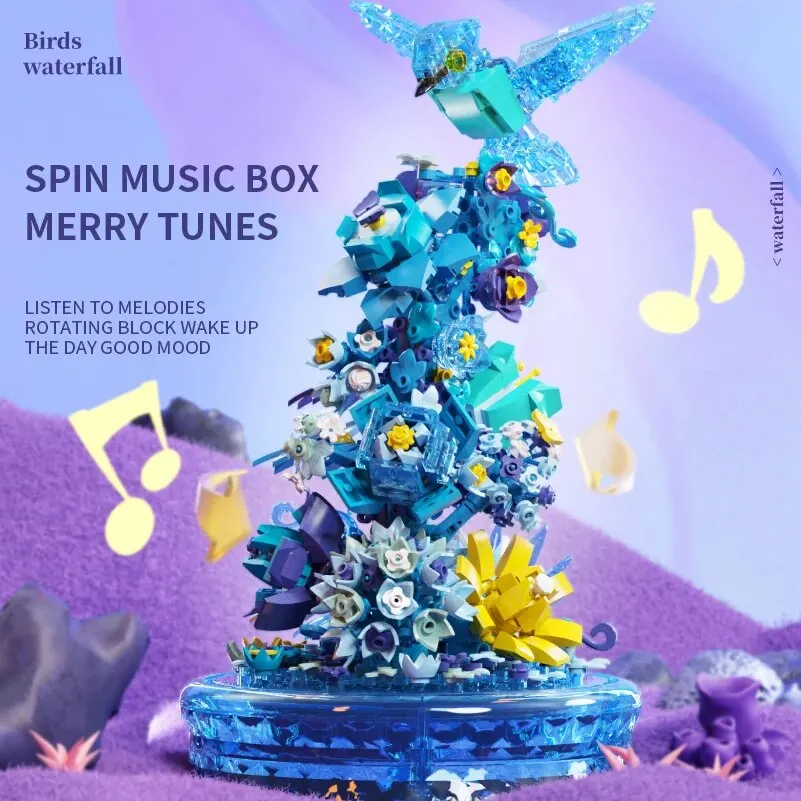 Flower Bird Ice Snow Waterfall Building Blocks Music Box LED Light Assembly Model Bricks Toys Children Puzzle Toys Holiday Gifts