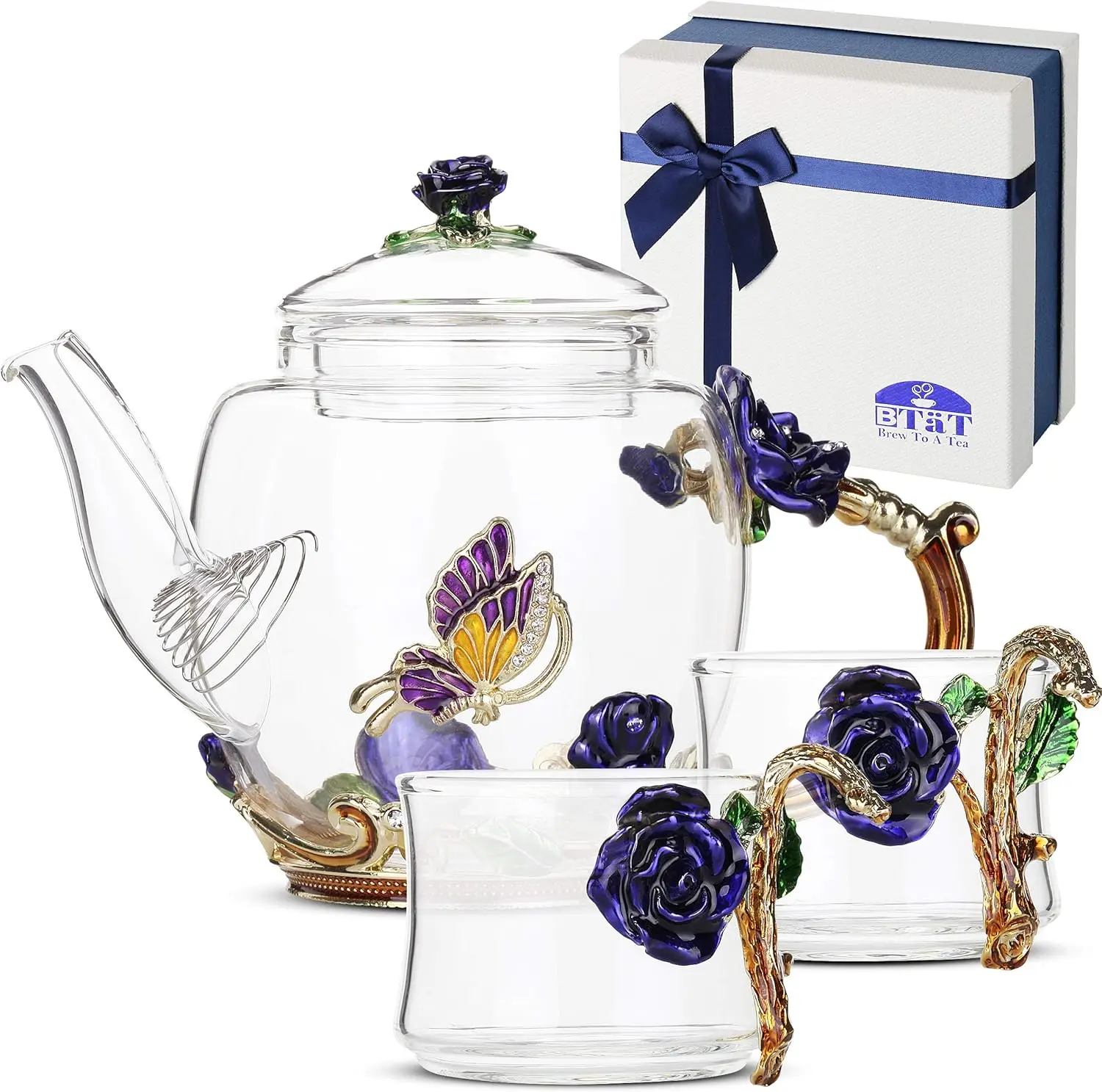 

Floral Glass Tea Set for 2, Blue Butterfly Design with Gift Box, Perfect for Christmas and Gifts