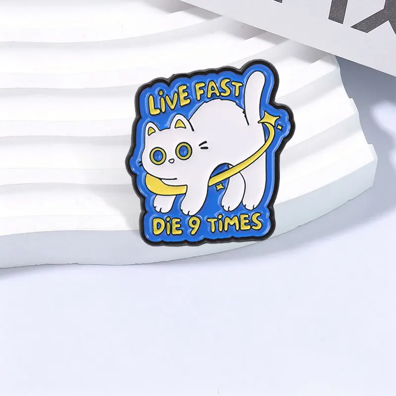 Live Fast Die 9 Times Cat Meme Enamel Pin Humor Cute Alien Cat Surrounded By Star Trails Brooches Bag Clothes Badge Jewelry Gift
