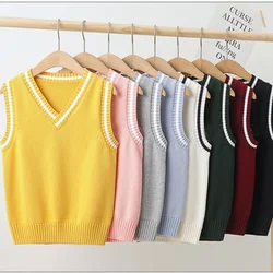 School Kids Knitted Vest Preppy Style Casual All-match Outerwear Waistcoats for Girls Spring Autumn Children Sweater 4-15 Years