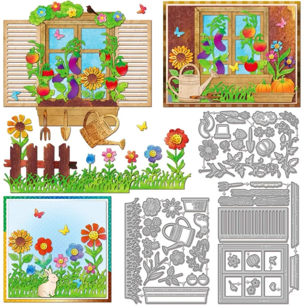 Fensterrahmen-Stanzformen für Kartenherstellung, Gartenblumen, Blätter, Zäune, Gras, Kürbisse, Bordüren, Metall-Stanzformen