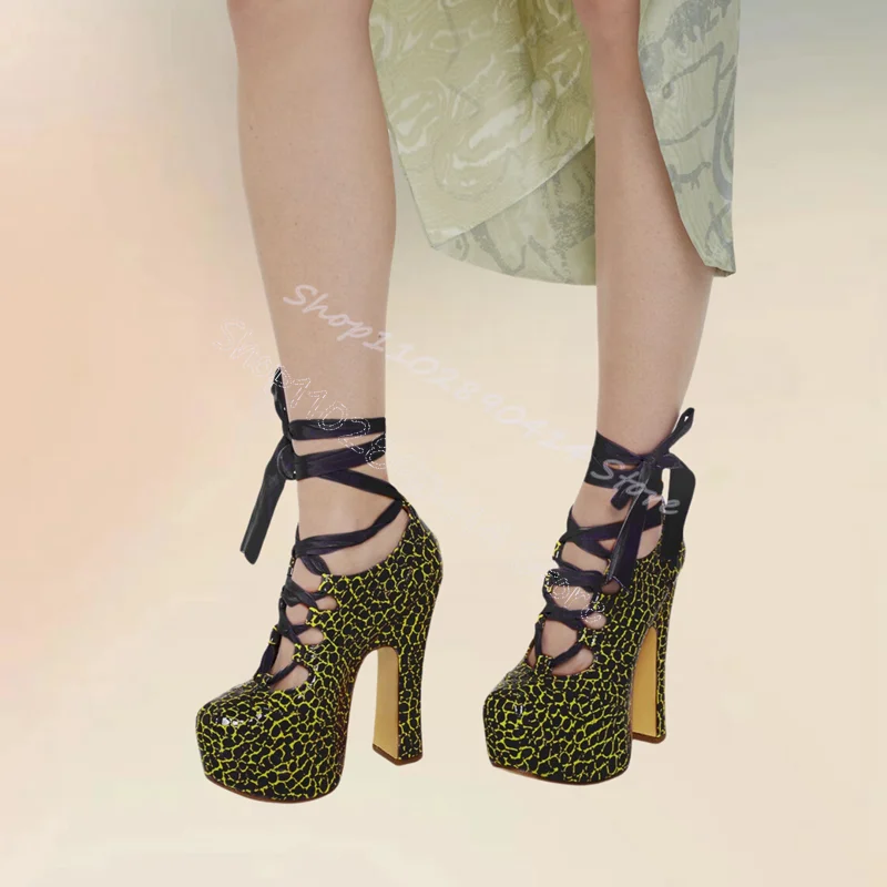 

Green Snakeskin Print Twine Platform Pumps Lace Up Women Shoes Thin High Heels Round Toe Party Banquet 2024 Zapatos Para Mujere