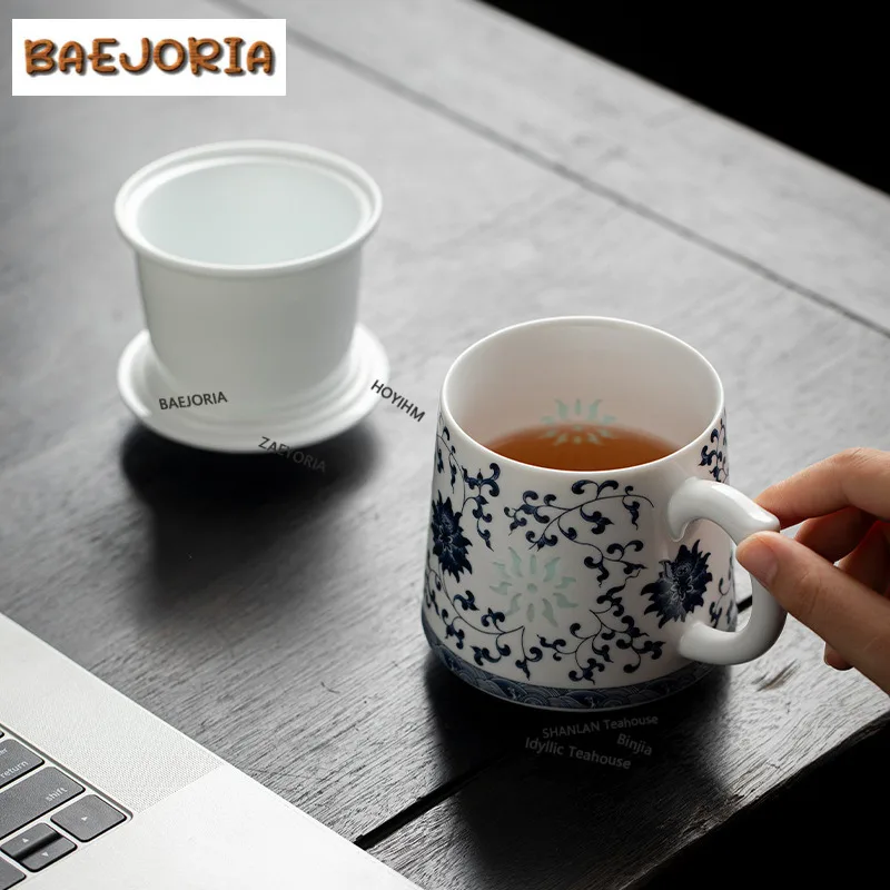 400ml Blue And White Interlock Branch Lotus Filter Tea Separator Cup Zen Tea Mug With Infuser Tea Making Office Water Cup Craft
