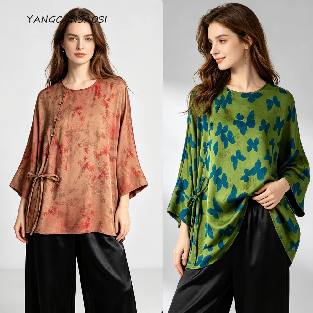Women's Autumn New Blue Butterfly Print 100% Natural Mulberry Silk Fragrant Cloud Yarn Round Neck Three-quarter Sleeve T-shirt