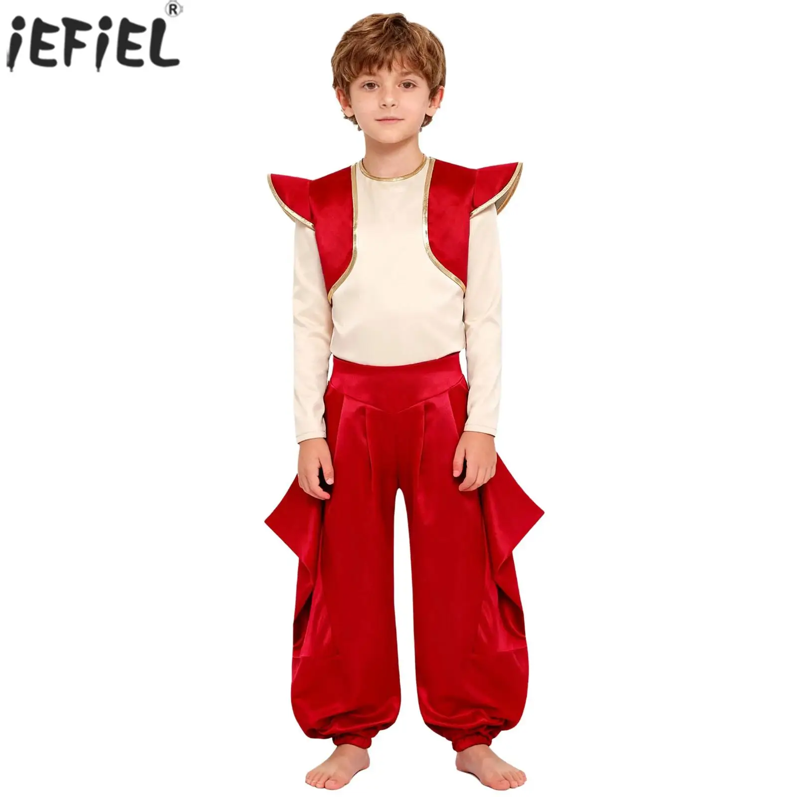 Boys Arabian Mythical Prince Lamp Elf Cosplay Costume Long Sleeve Shirt Top with Harem Pants Halloween Carnival Party Outfit