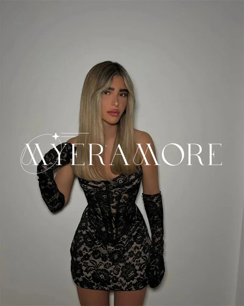 مثير الدانتيل فساتين لحضور الحفلات الموسيقية القصيرة 2025 حمالة ضيق نادي فستان الحفلات قفازات طويلة فساتين كوكتيل مخصصة Fساتين Sher #2