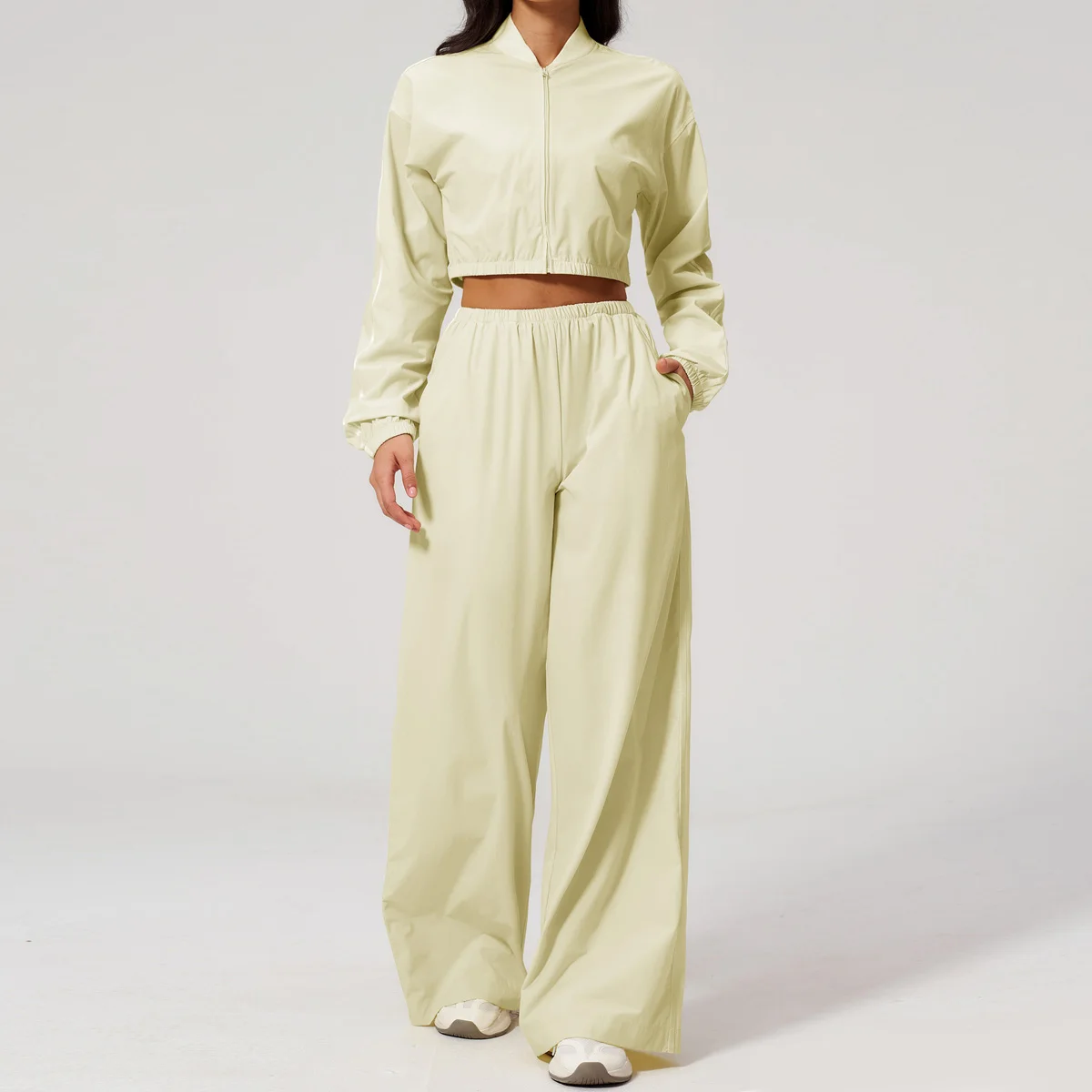 Women Yoga Suit 2PCS Sunscreen Sports Short Jacket Outdoor Fitness Loose Elastic Waist Wide Leg Pants Suits Tracksuit Streetwear