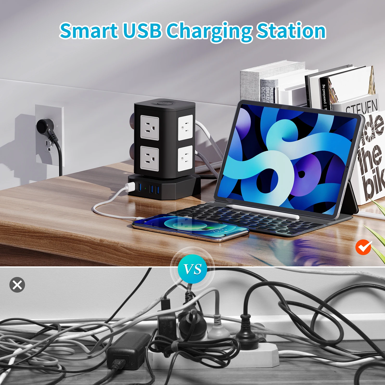 Surge protector with USB port and 6FT extension cable, desktop charging station with multiple outlets for home office dorms