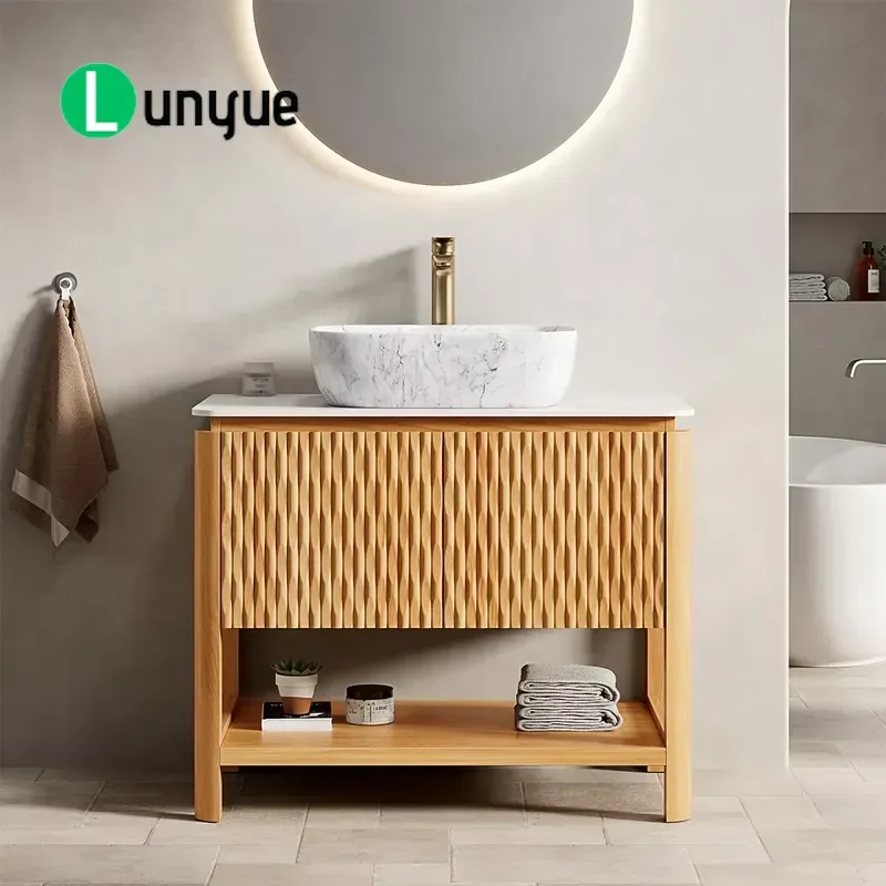 36 Inch Natural Wood Freestanding Bathroom Vanity with Carrara White Sintered Stone Marble Vessel Sink US Local Stock for