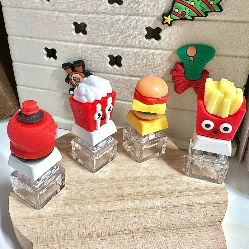 Burger & Fries Fidget Keychain, Cute Keyboard Clicker Stress Relief Toy, Novelty Decompression Gadget for Anxiety Relief