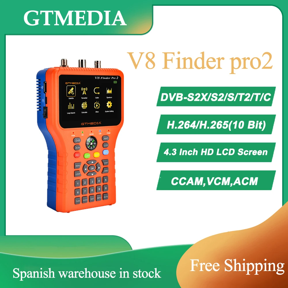 GTMEDIA V8 Finder pro2 Satellite Finder，Fully DVB-S2X/S2/S/T2/T/C, MPEG-2/MPEG-4 compliant H.264/H.265(10 Bit) Hardware decoding