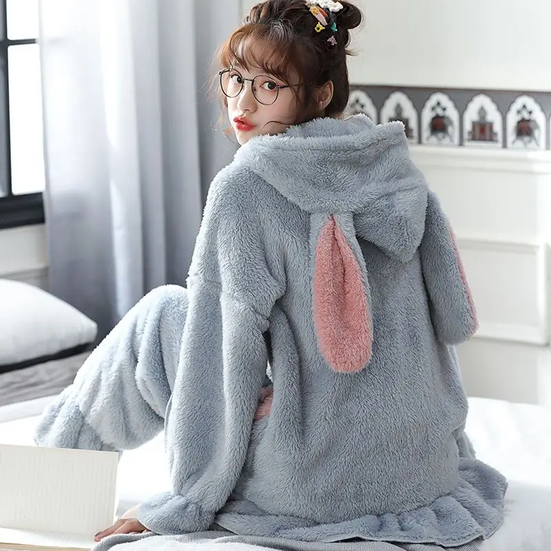 

Новые пижамы Kawaii с героями мультфильмов для девочек, осенне-зимний пижамный комплект, милая ночная рубашка из кораллового флиса, теплая домашняя одежда Kawaii с капюшоном