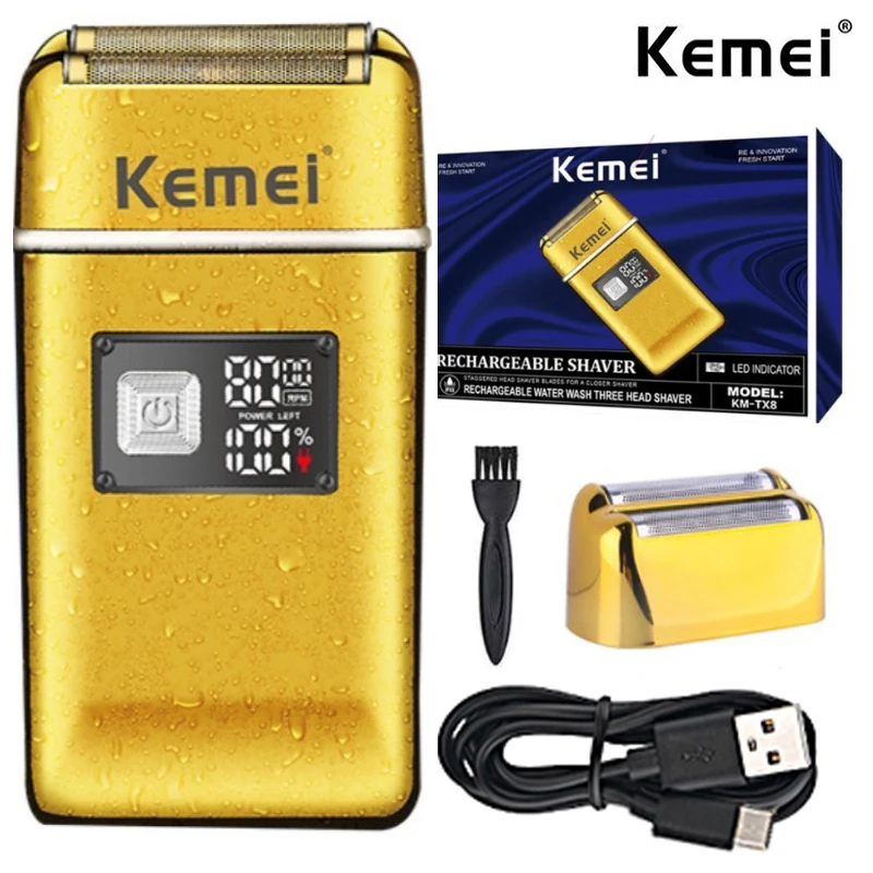 

Kemei Barber Rechargeable Foil Shaver Men Electric Powerful Bald Head Razor Washable Ultra Close Finish Shaving Machine 8000RPM