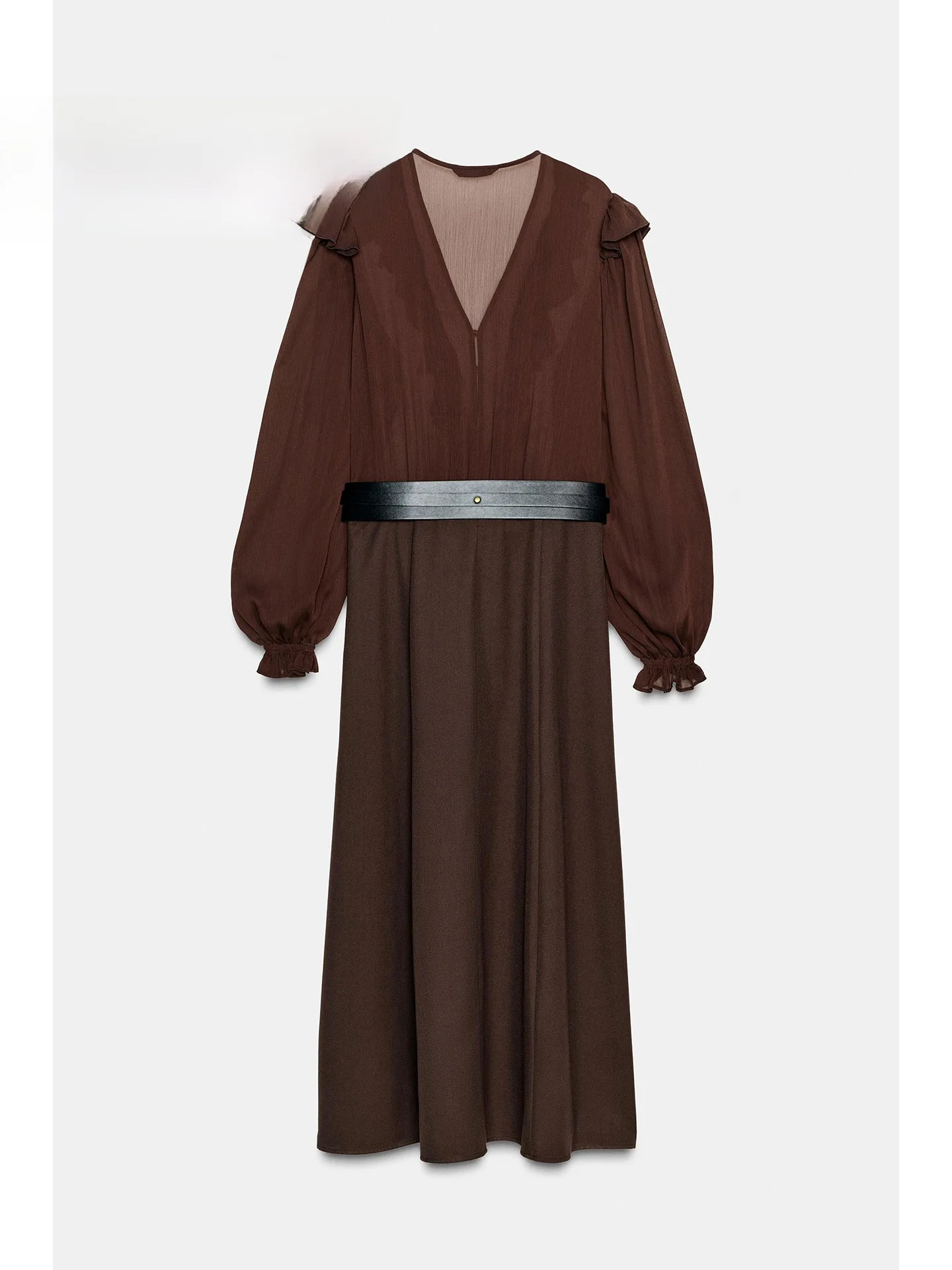 Ele Long Sve V-Ne Midi Dr with Belt Splicing Casual Sle A-Line Skirt for Ladies Autumn Winter New Arrival