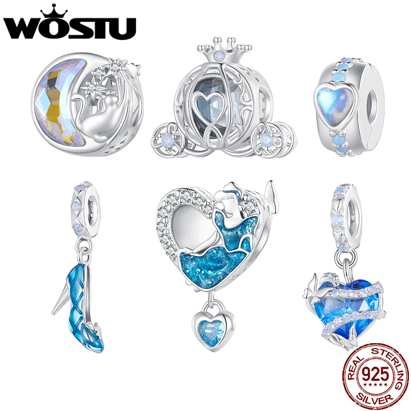 WOSTU Fantasy fairy tale Series 925 Sterling Silver Pumpkin Carriage Bead glass slipper Charm Heart Pendant Fit Original Bracele