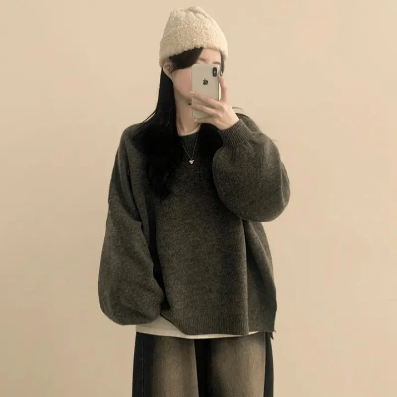 후드 스웨터, 가을/겨울 라운드 넥 스웨터, 루즈하고 여유로운 중간 길이 스타일, 슬릿 두꺼운 니트 스웨터