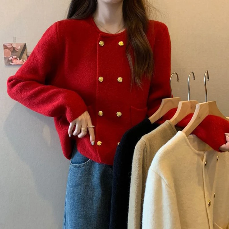 French Short Knitted Cardigans Women Vintage Double Breasted Pockets Sweater Woman 2023 Autumn Winter O-Neck Loose Cardigan Coat