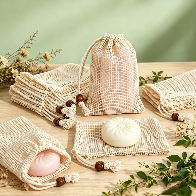 Organic Cotton Mesh Drawstring Bags Net Jewelry Pouch handmade soap Cosmetic Gift Packaging