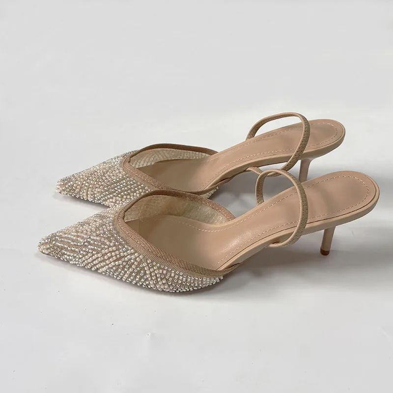 

Женские туфли-мюли на высоком каблуке, летние, роскошные, модные, с бусинами, с острым носком, на ремешке, элегантные свадебные туфли для женщин