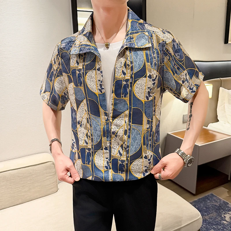2026 Summer Fashion Fake Two-piece Men Shirts Vintage Print Short Sleeve Man Pullover Shirt Trendy Hawaiian Floral Mens Clothing