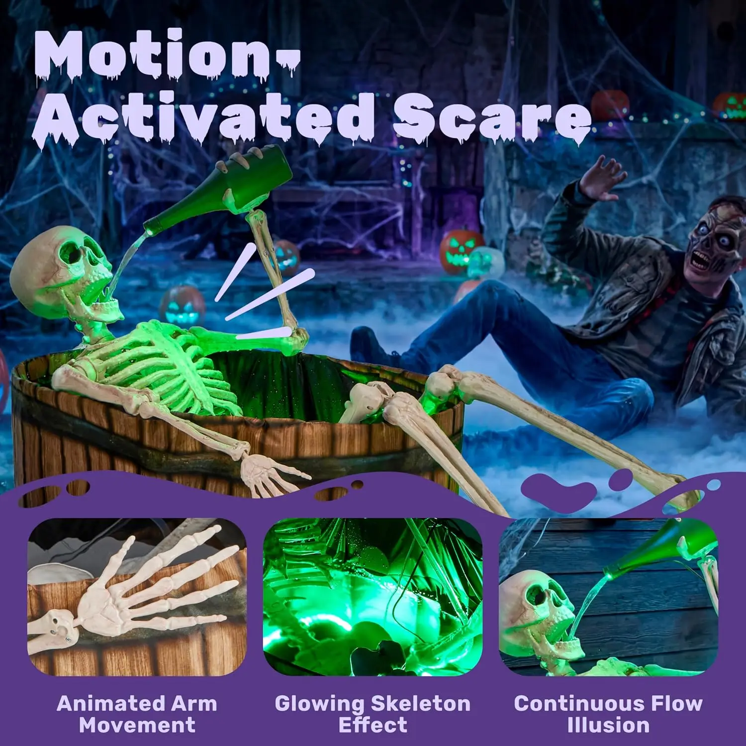 Halloween Outdoor Decoration, 5ft Life-Size Animatronic Drinking Skeleton Haunted Prop with Endless Liquid Pouring Effect, Green LED Lights and Spooky Sounds for Garden Yard Lawn 3