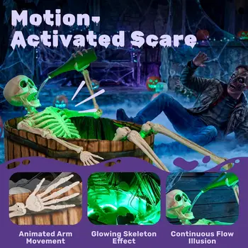 Halloween Outdoor Decoration, 5ft Life-Size Animatronic Drinking Skeleton Haunted Prop with Endless Liquid Pouring Effect, Green LED Lights and Spooky Sounds for Garden Yard Lawn 3