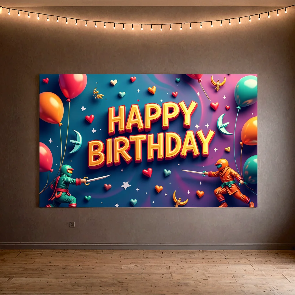 Birthday Backdrop Banner Vibrant Celebration Decoration with Balloons Stars Ninjas for Party Festive Background Decorations