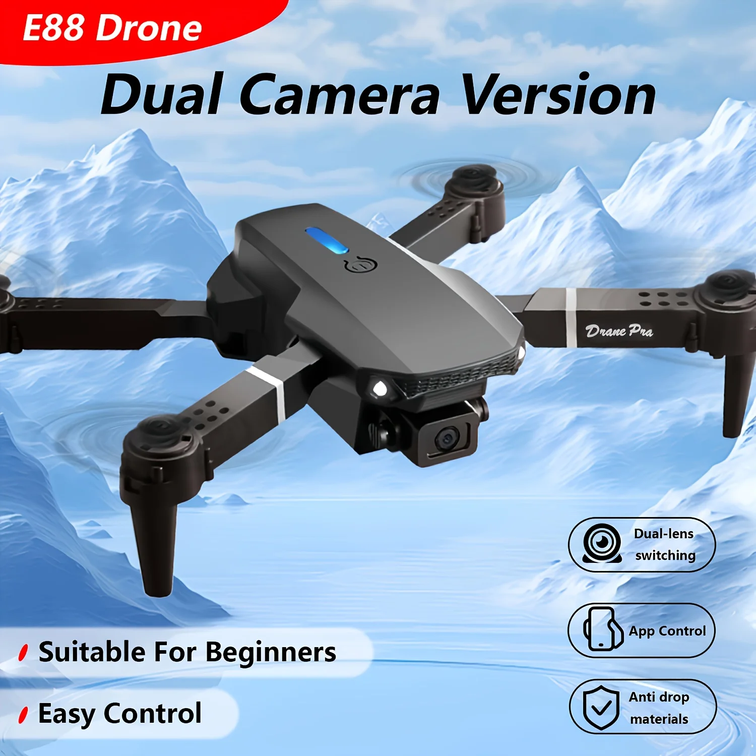 

The New E88 Remote-Controlled Drone Is Equipped with a 480P Resolution Camera, Compatible with Mobile App Indoor and Outdoor Shooting and Video Recording Functions, Supports Optical Flow Positioning, Dual-Camera Foldable Design, Height Lock, 360-Degree Ro