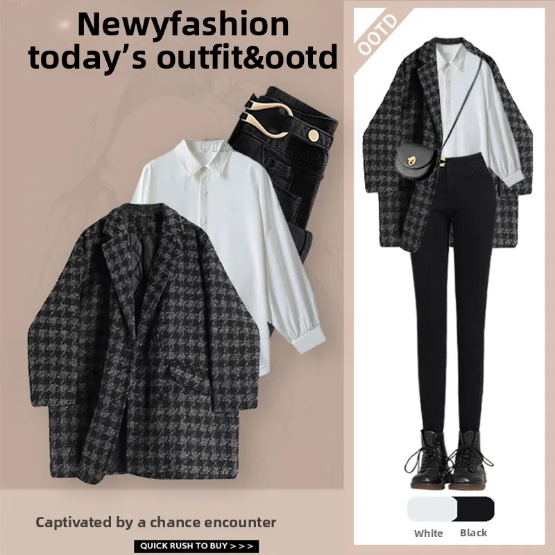 

Fall Faion High-End Coat Jaet Slimming Boting irt Waist-Cinching Jeans Tee-Piece Set V-Ne Long Sve Polyester