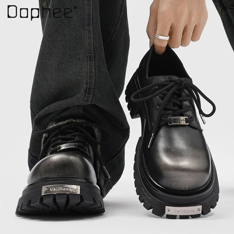 

2025 Spring and Autumn New Men's Trendy Height-Increasing Thick-Soled Black Lace-Up Non-Slip Waterproof Leather Shoes
