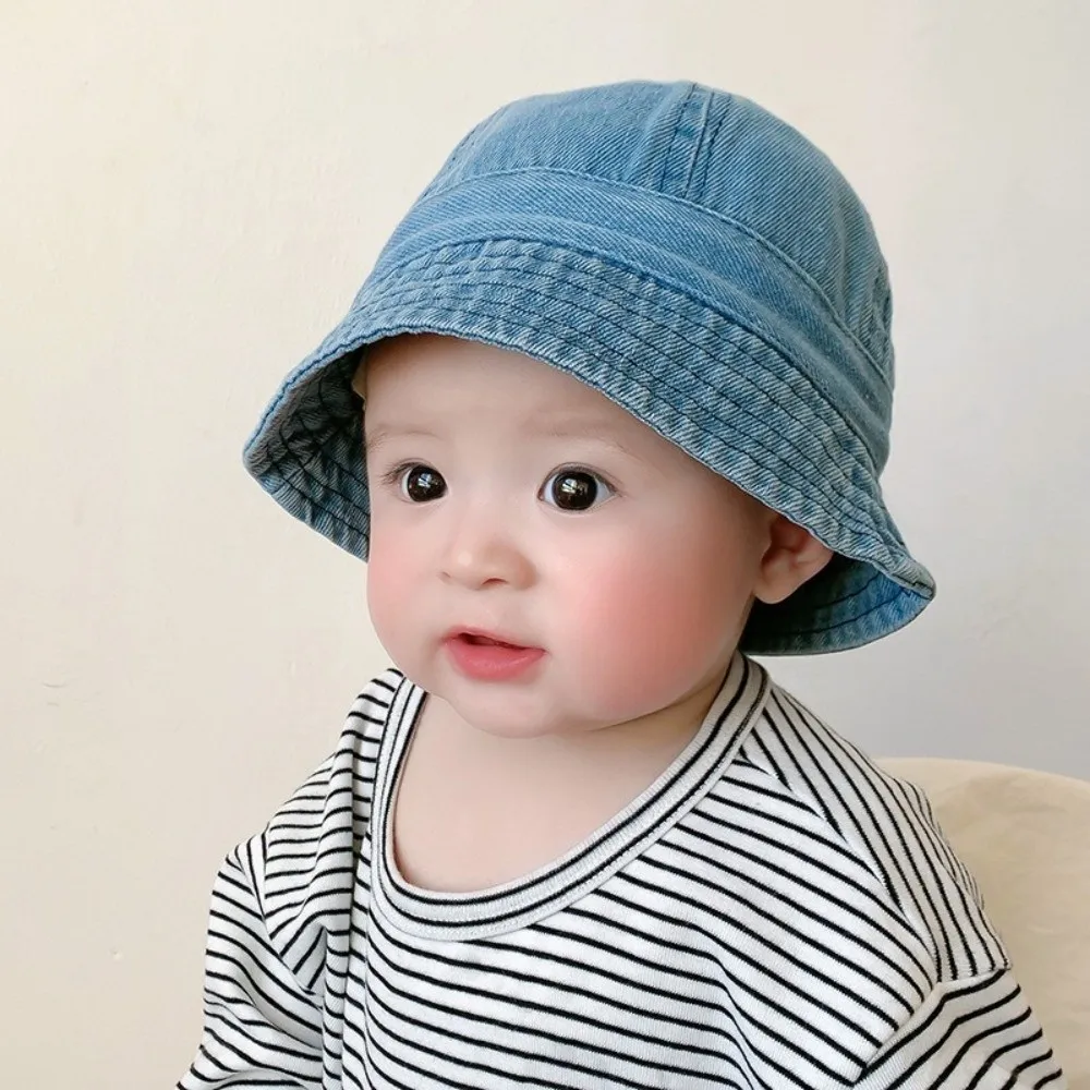 

Cute Cloth Washed Denim Bucket Hat Korean Style Solid Color Baby Sun Hat Windproof sun protection Children Fisherman Cap Girls