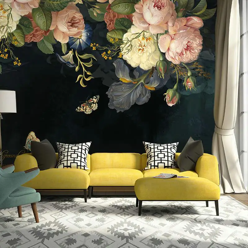Customized products 3D Wallpaper Mural Pastoral Floral Flower Oil Painting Black living room TV backdrop wall bedroom restaurant