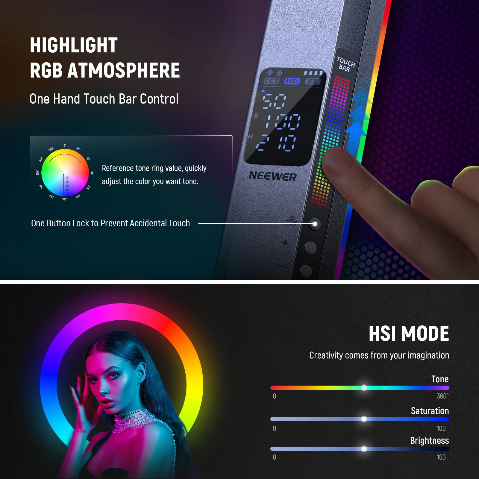 عصا إضاءة أنبوبية LED من NEEWER RGB2 مع باب معدني، تحكم بشريط اللمس/APP/2.4G، مصباح فيديو RGB مغناطيسي محمول باليد قابل لإعادة الشحن